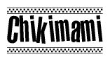 The clipart image displays the text Chikimami in a bold, stylized font. It is enclosed in a rectangular border with a checkerboard pattern running below and above the text, similar to a finish line in racing. 