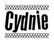 The image contains the text Cydnie in a bold, stylized font, with a checkered flag pattern bordering the top and bottom of the text.