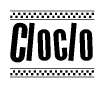 The image is a black and white clipart of the text Cloclo in a bold, italicized font. The text is bordered by a dotted line on the top and bottom, and there are checkered flags positioned at both ends of the text, usually associated with racing or finishing lines.