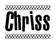 The image contains the text Chriss in a bold, stylized font, with a checkered flag pattern bordering the top and bottom of the text.