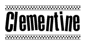 The image is a black and white clipart of the text Clementine in a bold, italicized font. The text is bordered by a dotted line on the top and bottom, and there are checkered flags positioned at both ends of the text, usually associated with racing or finishing lines.