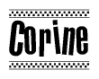 The clipart image displays the text Corine in a bold, stylized font. It is enclosed in a rectangular border with a checkerboard pattern running below and above the text, similar to a finish line in racing. 