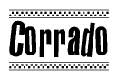The clipart image displays the text Corrado in a bold, stylized font. It is enclosed in a rectangular border with a checkerboard pattern running below and above the text, similar to a finish line in racing. 