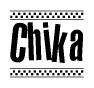 The image is a black and white clipart of the text Chika in a bold, italicized font. The text is bordered by a dotted line on the top and bottom, and there are checkered flags positioned at both ends of the text, usually associated with racing or finishing lines.