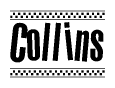 The image contains the text Collins in a bold, stylized font, with a checkered flag pattern bordering the top and bottom of the text.