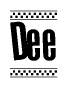The image contains the text Dee in a bold, stylized font, with a checkered flag pattern bordering the top and bottom of the text.
