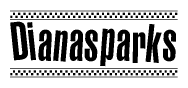 The image is a black and white clipart of the text Dianasparks in a bold, italicized font. The text is bordered by a dotted line on the top and bottom, and there are checkered flags positioned at both ends of the text, usually associated with racing or finishing lines.