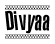 The clipart image displays the text Divyaa in a bold, stylized font. It is enclosed in a rectangular border with a checkerboard pattern running below and above the text, similar to a finish line in racing. 