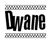 The clipart image displays the text Dwane in a bold, stylized font. It is enclosed in a rectangular border with a checkerboard pattern running below and above the text, similar to a finish line in racing. 