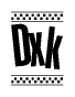 The image is a black and white clipart of the text Dxk in a bold, italicized font. The text is bordered by a dotted line on the top and bottom, and there are checkered flags positioned at both ends of the text, usually associated with racing or finishing lines.
