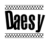 The image is a black and white clipart of the text Daesy in a bold, italicized font. The text is bordered by a dotted line on the top and bottom, and there are checkered flags positioned at both ends of the text, usually associated with racing or finishing lines.