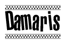 The clipart image displays the text Damaris in a bold, stylized font. It is enclosed in a rectangular border with a checkerboard pattern running below and above the text, similar to a finish line in racing. 