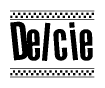 The image is a black and white clipart of the text Delcie in a bold, italicized font. The text is bordered by a dotted line on the top and bottom, and there are checkered flags positioned at both ends of the text, usually associated with racing or finishing lines.