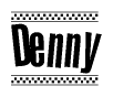 The image contains the text Denny in a bold, stylized font, with a checkered flag pattern bordering the top and bottom of the text.