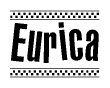 The image is a black and white clipart of the text Eurica in a bold, italicized font. The text is bordered by a dotted line on the top and bottom, and there are checkered flags positioned at both ends of the text, usually associated with racing or finishing lines.