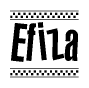 The image is a black and white clipart of the text Efiza in a bold, italicized font. The text is bordered by a dotted line on the top and bottom, and there are checkered flags positioned at both ends of the text, usually associated with racing or finishing lines.