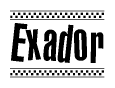 The clipart image displays the text Exador in a bold, stylized font. It is enclosed in a rectangular border with a checkerboard pattern running below and above the text, similar to a finish line in racing. 