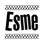 The image contains the text Esme in a bold, stylized font, with a checkered flag pattern bordering the top and bottom of the text.