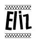 The image is a black and white clipart of the text Eliz in a bold, italicized font. The text is bordered by a dotted line on the top and bottom, and there are checkered flags positioned at both ends of the text, usually associated with racing or finishing lines.