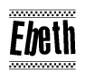 The clipart image displays the text Ebeth in a bold, stylized font. It is enclosed in a rectangular border with a checkerboard pattern running below and above the text, similar to a finish line in racing. 
