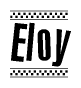 The image is a black and white clipart of the text Eloy in a bold, italicized font. The text is bordered by a dotted line on the top and bottom, and there are checkered flags positioned at both ends of the text, usually associated with racing or finishing lines.