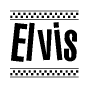 The image is a black and white clipart of the text Elvis in a bold, italicized font. The text is bordered by a dotted line on the top and bottom, and there are checkered flags positioned at both ends of the text, usually associated with racing or finishing lines.