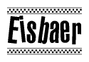 The image contains the text Eisbaer in a bold, stylized font, with a checkered flag pattern bordering the top and bottom of the text.