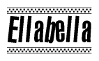 The image is a black and white clipart of the text Ellabella in a bold, italicized font. The text is bordered by a dotted line on the top and bottom, and there are checkered flags positioned at both ends of the text, usually associated with racing or finishing lines.