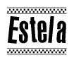 The image is a black and white clipart of the text Estela in a bold, italicized font. The text is bordered by a dotted line on the top and bottom, and there are checkered flags positioned at both ends of the text, usually associated with racing or finishing lines.