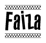 The image contains the text Faiza in a bold, stylized font, with a checkered flag pattern bordering the top and bottom of the text.