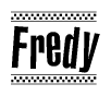 The image is a black and white clipart of the text Fredy in a bold, italicized font. The text is bordered by a dotted line on the top and bottom, and there are checkered flags positioned at both ends of the text, usually associated with racing or finishing lines.