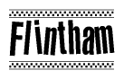 The image is a black and white clipart of the text Flintham in a bold, italicized font. The text is bordered by a dotted line on the top and bottom, and there are checkered flags positioned at both ends of the text, usually associated with racing or finishing lines.