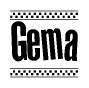 The clipart image displays the text Gema in a bold, stylized font. It is enclosed in a rectangular border with a checkerboard pattern running below and above the text, similar to a finish line in racing. 