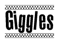 The image is a black and white clipart of the text Giggles in a bold, italicized font. The text is bordered by a dotted line on the top and bottom, and there are checkered flags positioned at both ends of the text, usually associated with racing or finishing lines.