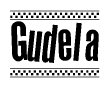 The clipart image displays the text Gudela in a bold, stylized font. It is enclosed in a rectangular border with a checkerboard pattern running below and above the text, similar to a finish line in racing. 