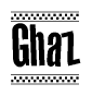 The clipart image displays the text Ghaz in a bold, stylized font. It is enclosed in a rectangular border with a checkerboard pattern running below and above the text, similar to a finish line in racing. 
