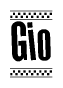 The image is a black and white clipart of the text Gio in a bold, italicized font. The text is bordered by a dotted line on the top and bottom, and there are checkered flags positioned at both ends of the text, usually associated with racing or finishing lines.