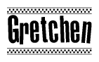 The clipart image displays the text Gretchen in a bold, stylized font. It is enclosed in a rectangular border with a checkerboard pattern running below and above the text, similar to a finish line in racing. 