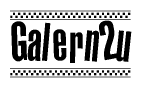The image is a black and white clipart of the text Galern2u in a bold, italicized font. The text is bordered by a dotted line on the top and bottom, and there are checkered flags positioned at both ends of the text, usually associated with racing or finishing lines.