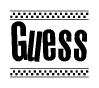 The image is a black and white clipart of the text Guess in a bold, italicized font. The text is bordered by a dotted line on the top and bottom, and there are checkered flags positioned at both ends of the text, usually associated with racing or finishing lines.
