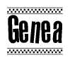 The image is a black and white clipart of the text Genea in a bold, italicized font. The text is bordered by a dotted line on the top and bottom, and there are checkered flags positioned at both ends of the text, usually associated with racing or finishing lines.