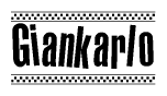 The image is a black and white clipart of the text Giankarlo in a bold, italicized font. The text is bordered by a dotted line on the top and bottom, and there are checkered flags positioned at both ends of the text, usually associated with racing or finishing lines.