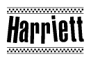 The clipart image displays the text Harriett in a bold, stylized font. It is enclosed in a rectangular border with a checkerboard pattern running below and above the text, similar to a finish line in racing. 