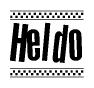 The image contains the text Heldo in a bold, stylized font, with a checkered flag pattern bordering the top and bottom of the text.
