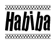 The image contains the text Habiba in a bold, stylized font, with a checkered flag pattern bordering the top and bottom of the text.