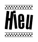 The image contains the text Hieu in a bold, stylized font, with a checkered flag pattern bordering the top and bottom of the text.