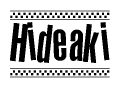The clipart image displays the text Hideaki in a bold, stylized font. It is enclosed in a rectangular border with a checkerboard pattern running below and above the text, similar to a finish line in racing. 