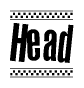 The image is a black and white clipart of the text Head in a bold, italicized font. The text is bordered by a dotted line on the top and bottom, and there are checkered flags positioned at both ends of the text, usually associated with racing or finishing lines.