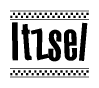 The image contains the text Itzsel in a bold, stylized font, with a checkered flag pattern bordering the top and bottom of the text.