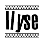 The image is a black and white clipart of the text Ilyse in a bold, italicized font. The text is bordered by a dotted line on the top and bottom, and there are checkered flags positioned at both ends of the text, usually associated with racing or finishing lines.
